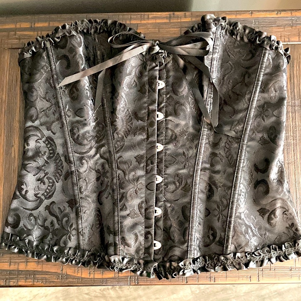 SHEIN Corset, black with ribbon ties and metal front hooks size 0X